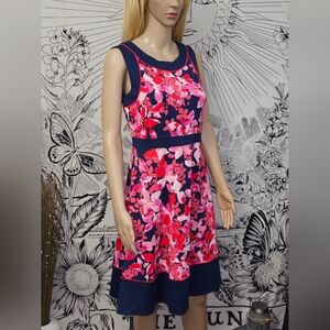 NWT Lands' End Sleeveless Pink Flowers Navy Trim V Back Ponte' Knit Dress Sz 8